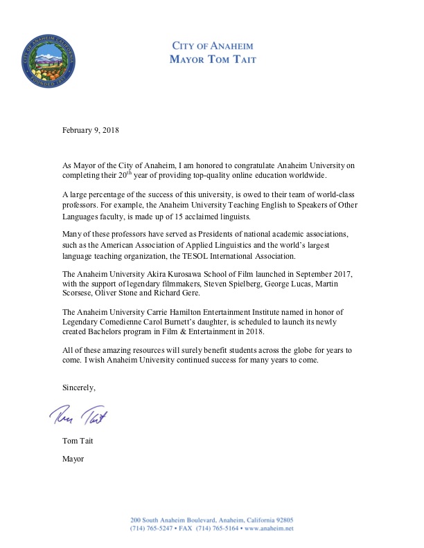 Letter from Anaheim Mayor Tom Tait